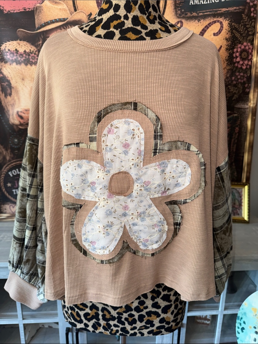 POL Boho Floral Plaid Patchwork Oversized Long Sleeve Top Size Small